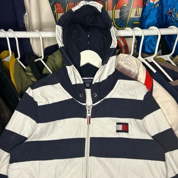 Vintage Y2K Tommy Hilfiger Navy White Striped Full Zip Hoodie XL - Picture 2 of 4